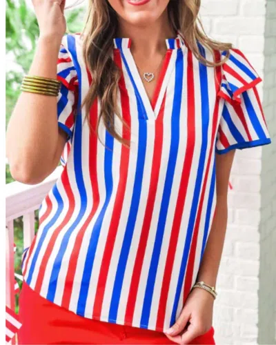 Jess Lea Kennedy Flutter Sleeve Blouse In Patriotic Stripes In Multi