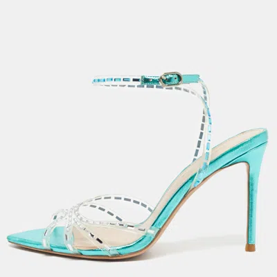Pre-owned Jéssamiro Transparent/metallic Blue Leather And Pvc Crystal Embellished Ankle Wrap Sandals Size 39