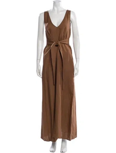 Pre-owned Jesse Kamm V-neck Long Dress In Brown