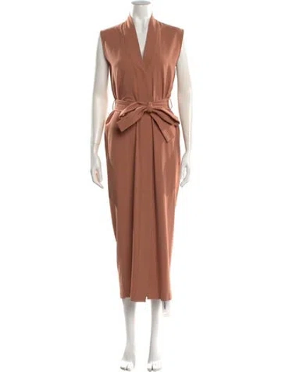 Pre-owned Jesse Kamm V-neck Midi Length Dress In Brown