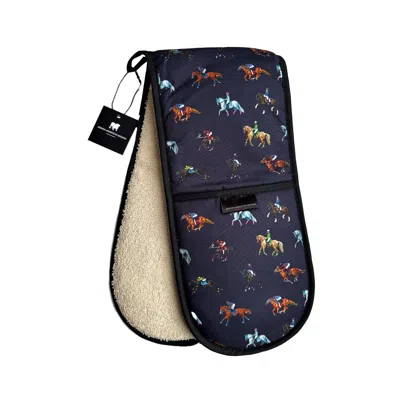 Jessica Anderton Designs Blue Dressage & Racehorses Double Oven Gloves - Navy