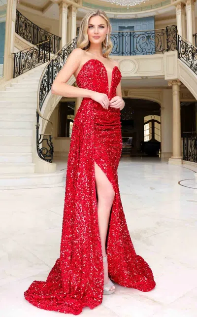Jessica Angel 2436 Prom Velvet Sequin Formal Dress In Red