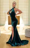 Jessica Angel 331v Fitted Prom Long High Slit Velvet Formal Dress In Green