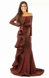 Jessica Angel 598 Formal Long Fitted Ruffle Prom Dress In Brown