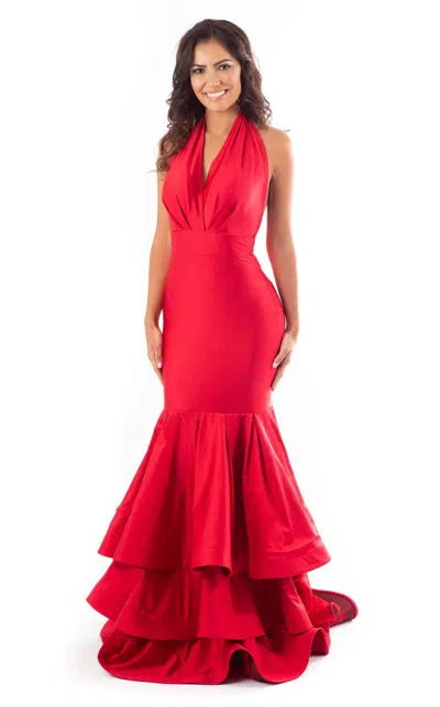 Jessica Angel 708 Fitted Long Formal Tiered Prom Dress In Red