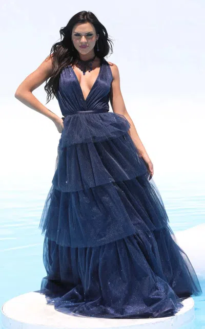 Jessica Angel 731 Long A Line Formal Glitter Prom Dress In Blue
