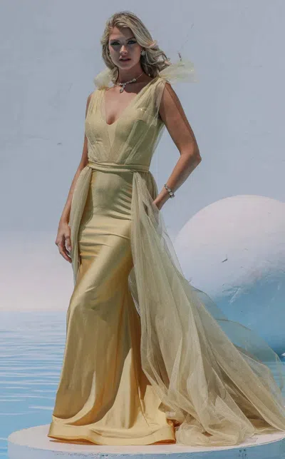 Jessica Angel 732 Long Overskirt Prom Ruffle Formal Glitter Dress In Yellow