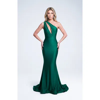 Jessica Angel Asymmetrical Cutout Mermaid Evening Gown In Green