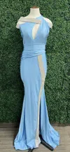 Jessica Angel Asymmetrical Neckline Floor-length Gown In Copen In Multi