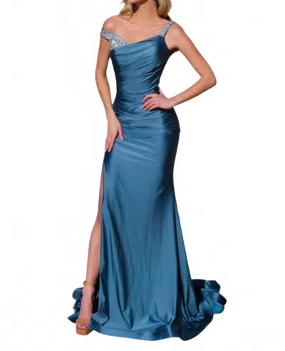 Jessica Angel Beaded Formal Long Slit Prom Dress In Rust Aqua Blue
