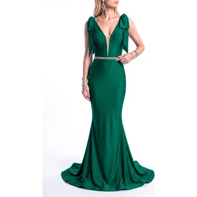 Jessica Angel Bow Shoulder Plunge Mermaid Evening Gown In Forest Green
