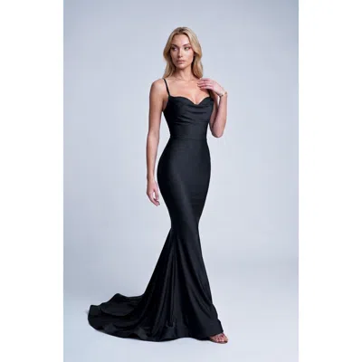 Jessica Angel Cowl Neck Lace-up Open Back Mermaid Gown In Blue
