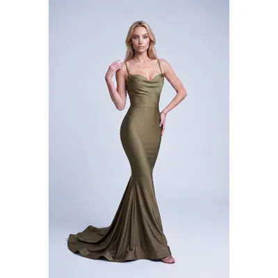 Jessica Angel Cowl Neck Lace-up Open Back Mermaid Gown In Green