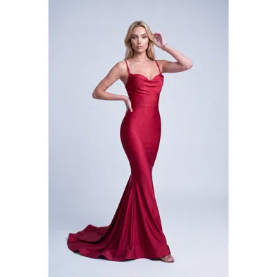Jessica Angel Cowl Neck Lace-up Open Back Mermaid Gown In Pink