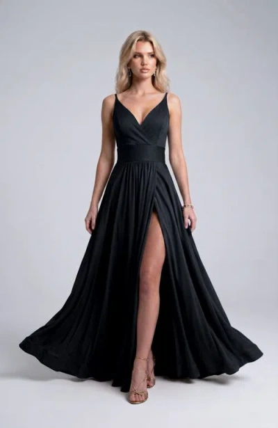 Jessica Angel Cross Front Neck Empire Waist Satin Gown In Black
