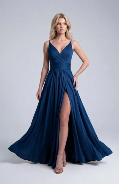 Jessica Angel Cross Front Neck Empire Waist Satin Gown In Blue