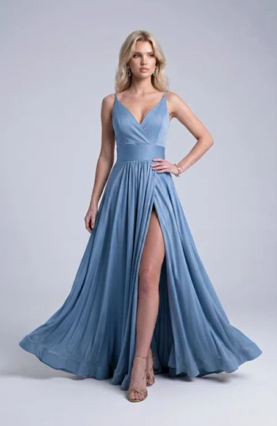 Jessica Angel Cross Front Neck Empire Waist Satin Gown In Multi