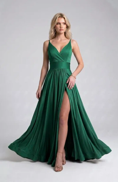 Jessica Angel Cross Front Neck Empire Waist Satin Gown In Multi