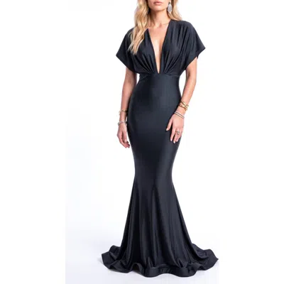 Jessica Angel Deep V-neck Dolman Sleeve Keyhole-back Mermaid Evening Gown In Black