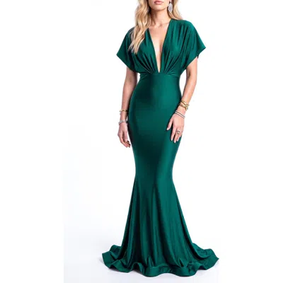 Jessica Angel Deep V-neck Dolman Sleeve Keyhole-back Mermaid Evening Gown In Green