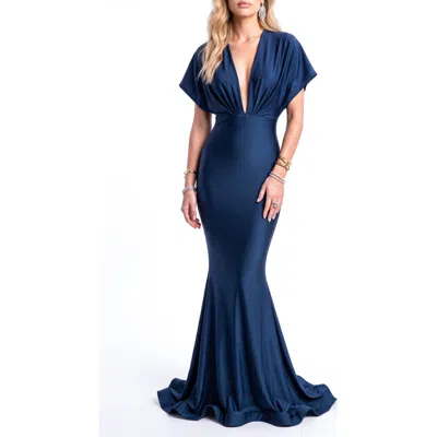 Jessica Angel Deep V-neck Dolman Sleeve Keyhole-back Mermaid Evening Gown In Blue