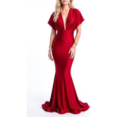 Jessica Angel Deep V-neck Dolman Sleeve Keyhole-back Mermaid Evening Gown In Red