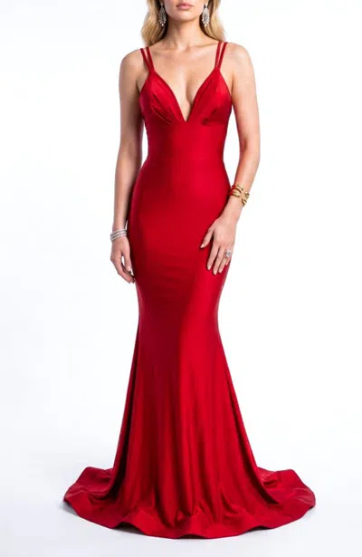 Jessica Angel Double-strap Plunge Lace-up Back Mermaid Evening Gown In Red