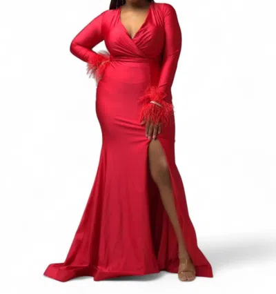 Jessica Angel Feather Cuffs Surplice Bodice Dress In Red