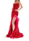 Jessica Angel Feather Slit Strapless Sequin Dress In Red In Red