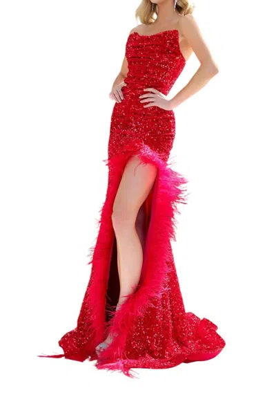 Jessica Angel Feather Slit Strapless Sequin Dress In Red