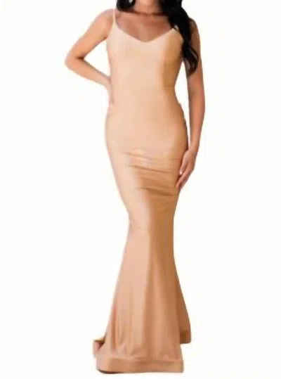 Jessica Angel Jersey Gown With Long Ruffle Train In Peach In Pink