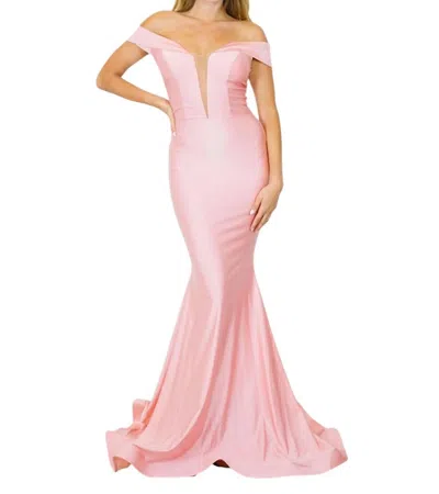 Jessica Angel Long Off Shoulder Formal Gown In Bubblegum In Pink
