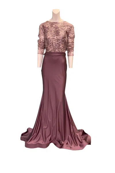 Jessica Angel Long Sleeve Lace Evening Gown In Champagne In Red