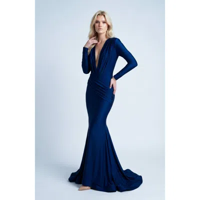 Jessica Angel Long Sleeve Plunge V-neck Ruched Mermaid Gown In Blue
