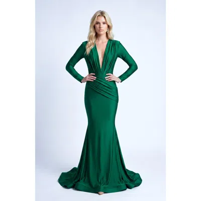 Jessica Angel Long Sleeve Plunge V-neck Ruched Mermaid Gown In Green