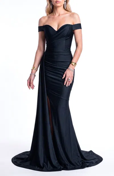 Jessica Angel Off Shoulder Draped Side Slit Evening Gown In Black