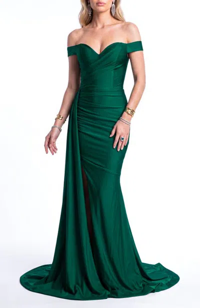 Jessica Angel Off Shoulder Draped Side Slit Evening Gown In Forest Green