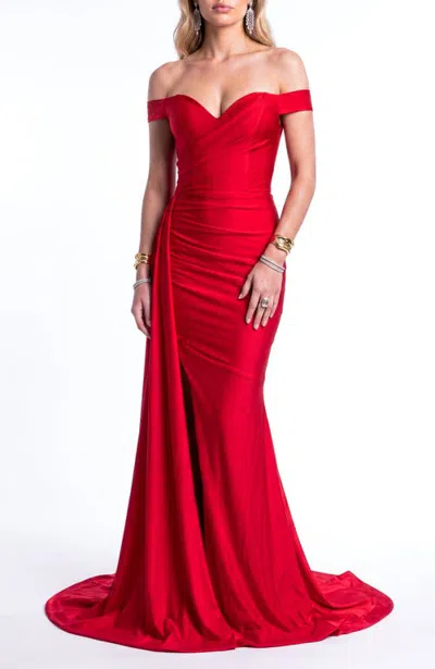 Jessica Angel Off Shoulder Draped Side Slit Evening Gown In Red