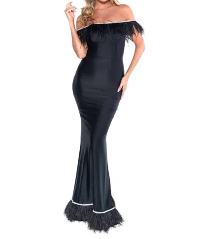Jessica Angel Off Shoulder Satin Gown With Feather Trim In Black