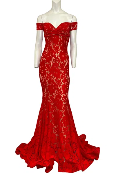 Jessica Angel Off The Shoulder Lace Evening Gown In Red/nude