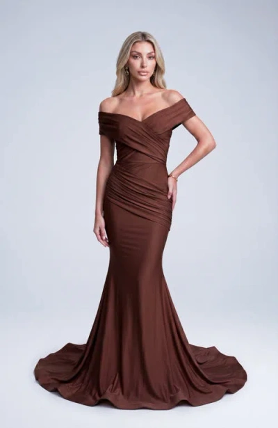 Jessica Angel Off The Shoulder Ruched Mermaid Evening Gown In Brown