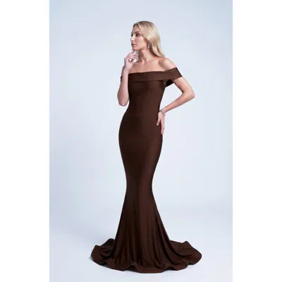 Jessica Angel Off The Shoulder Sculpted Mermaid Evening Gown In Brown