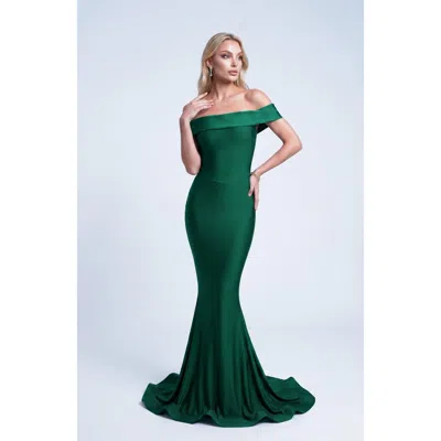 Jessica Angel Off The Shoulder Sculpted Mermaid Evening Gown In Green
