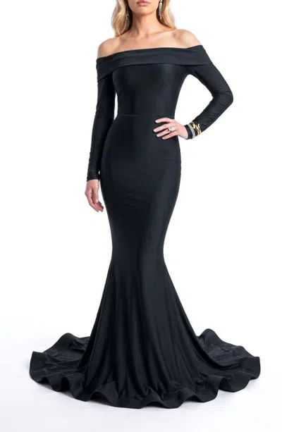 Jessica Angel Off-the-shoulder Fold-over Long Sleeve Mermaid Evening Gown In Black