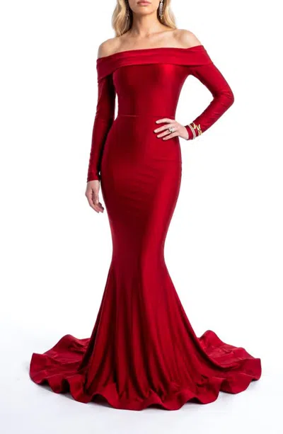 Jessica Angel Off-the-shoulder Fold-over Long Sleeve Mermaid Evening Gown In Red