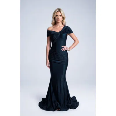 Jessica Angel One Shoulder Twist Ruched Mermaid Evening Gown In Black