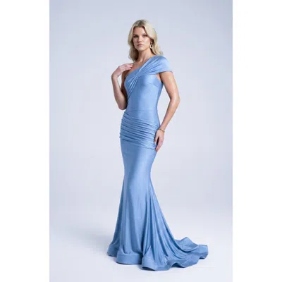 Jessica Angel One Shoulder Twist Ruched Mermaid Evening Gown In Blue