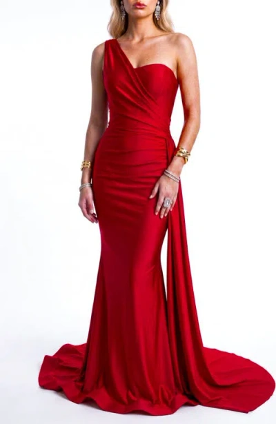 Jessica Angel One-shoulder Draped Satin Mermaid Gown With Side Cascade In Red