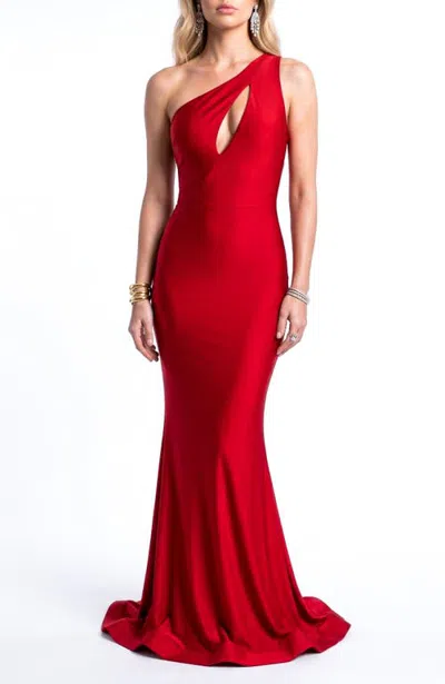 Jessica Angel One-shoulder Keyhole Open-back Mermaid Evening Gown In Red