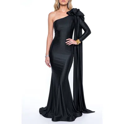 Jessica Angel One-shoulder Rosette Cape-sleeve Mermaid Evening Gown In Black